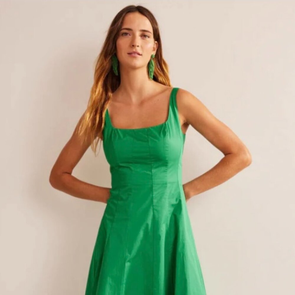 Boden sleeveless Emerald Green cotton panelled midi dress. size 10.